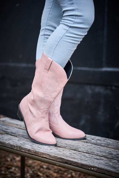 En Bloom | Vinny Wing Embroidered Western Knee Boots - Pink