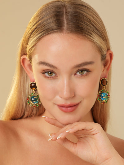 Foil Colored Glaze Gold Plated Drop Earrings