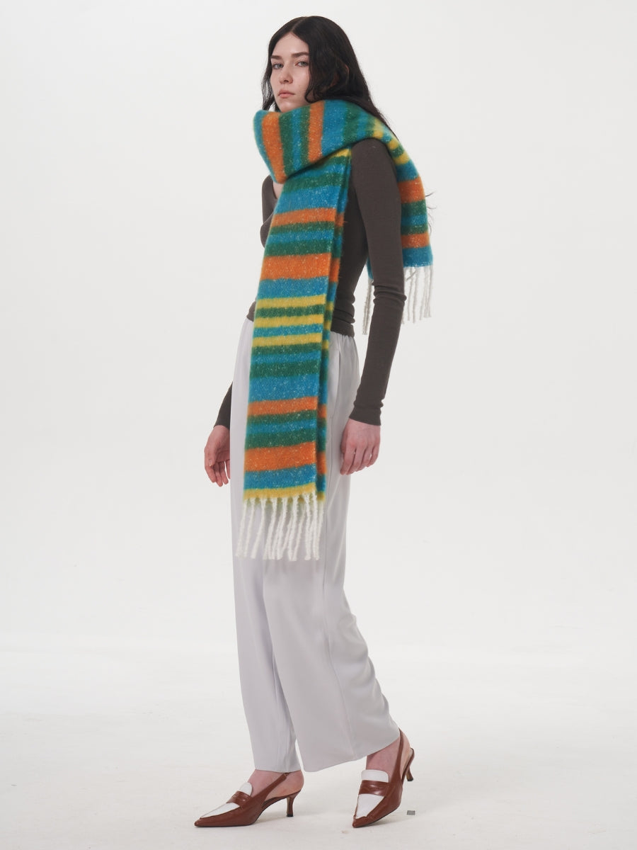 Dopamine Wool Blend Stripe Tassel Blanket Scarf - Green