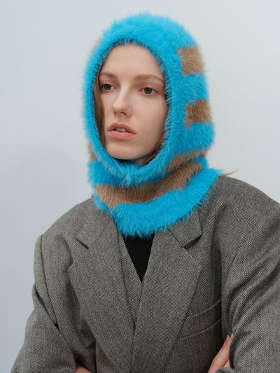 French Style Faux Mink Fur Balaclava Knit Hat - blue