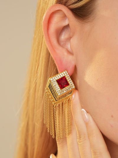 Audrey Tassel Chain Ruby Rhinestone Earrings