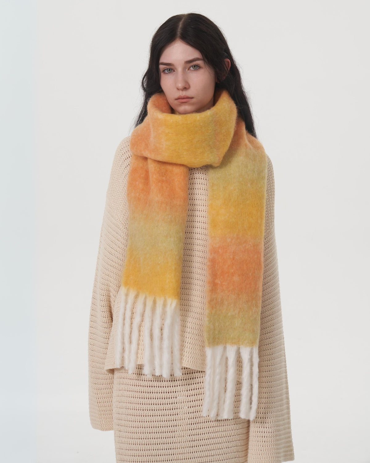 Mohair Gradient Wool Blend Tassel Blanket Scarf - Yellow