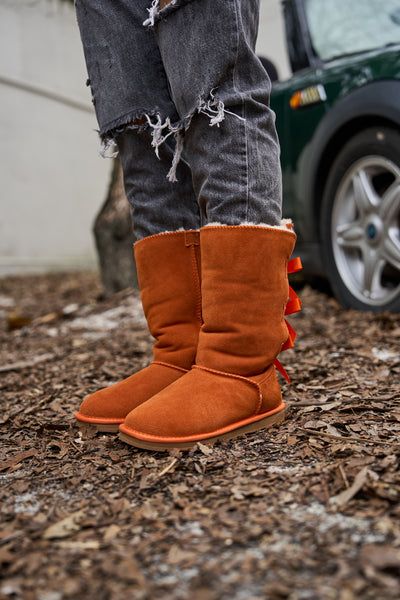 SMAIBULUN Ugg | Tri Ribbon Bow Suede Boots - Orange