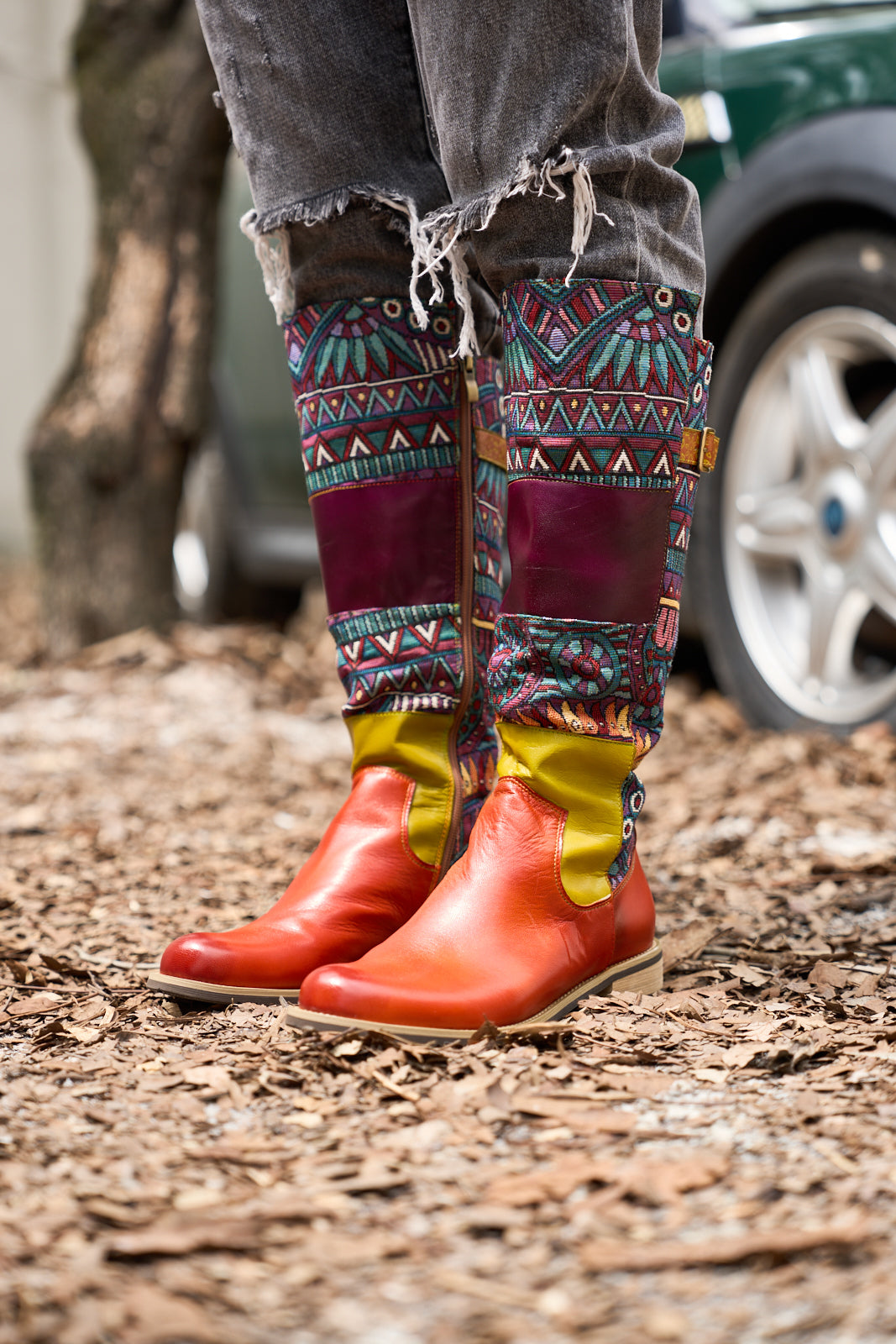 Soffia | Cozy Up Abstract Embroidered Leather Knee-High Boots