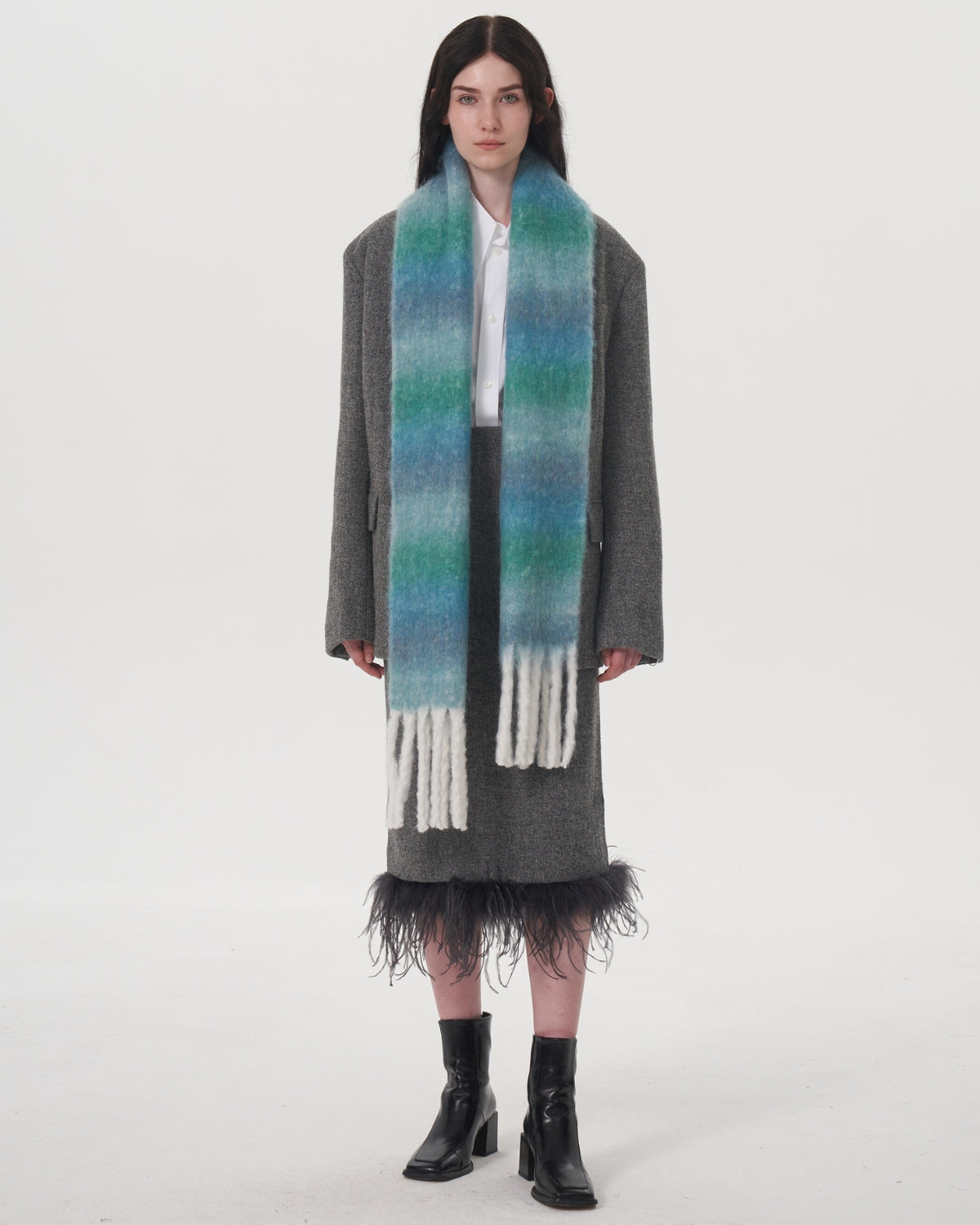 Mohair Gradient Wool Blend Tassel Blanket Scarf - Teal