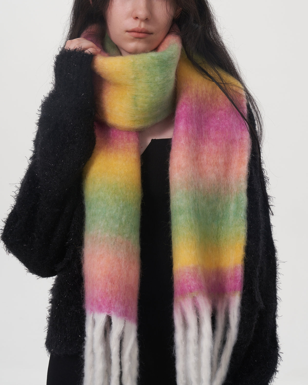 Mohair Gradient Wool Blend Tassel Blanket Scarf - Purple