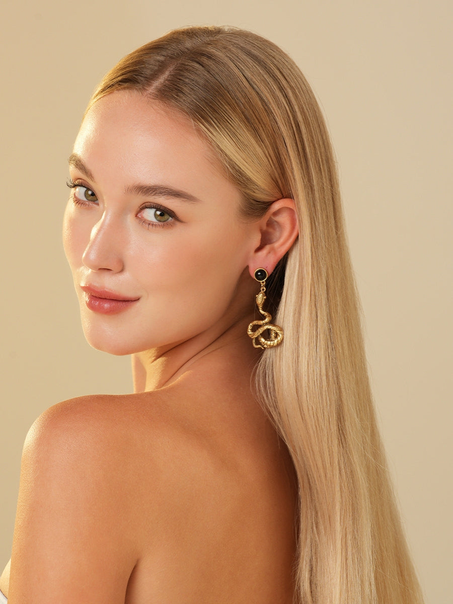 Gold Plated Obsidian Serpent Earrings