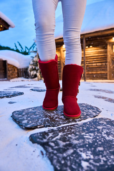 SMAIBULUN Ugg | Side Button Faux Fur-Lined Leather Suede Boots - red