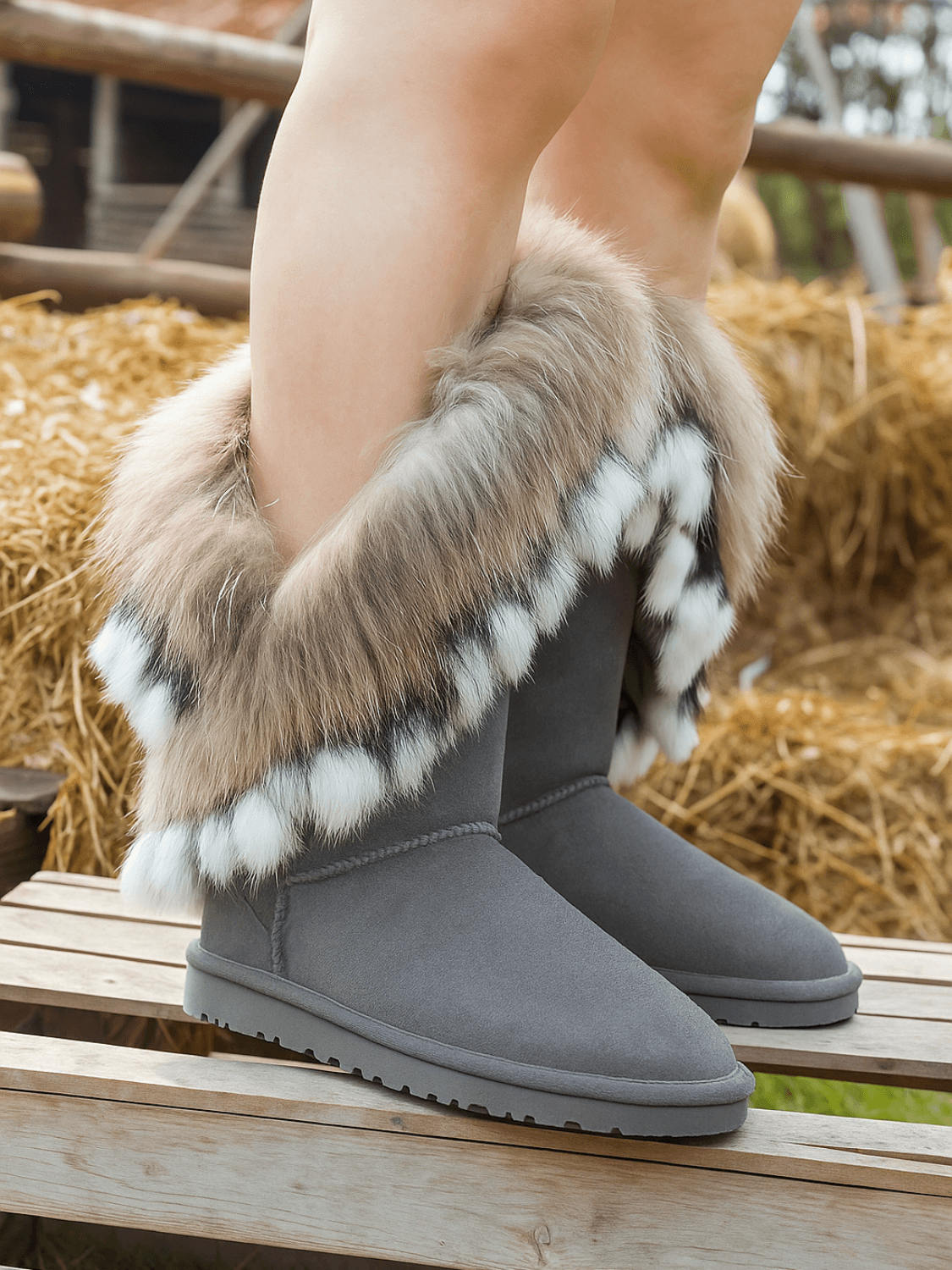 SMAIBULUN Ugg | Faux Fur Wool Lined Grazing Calf Boots - grey