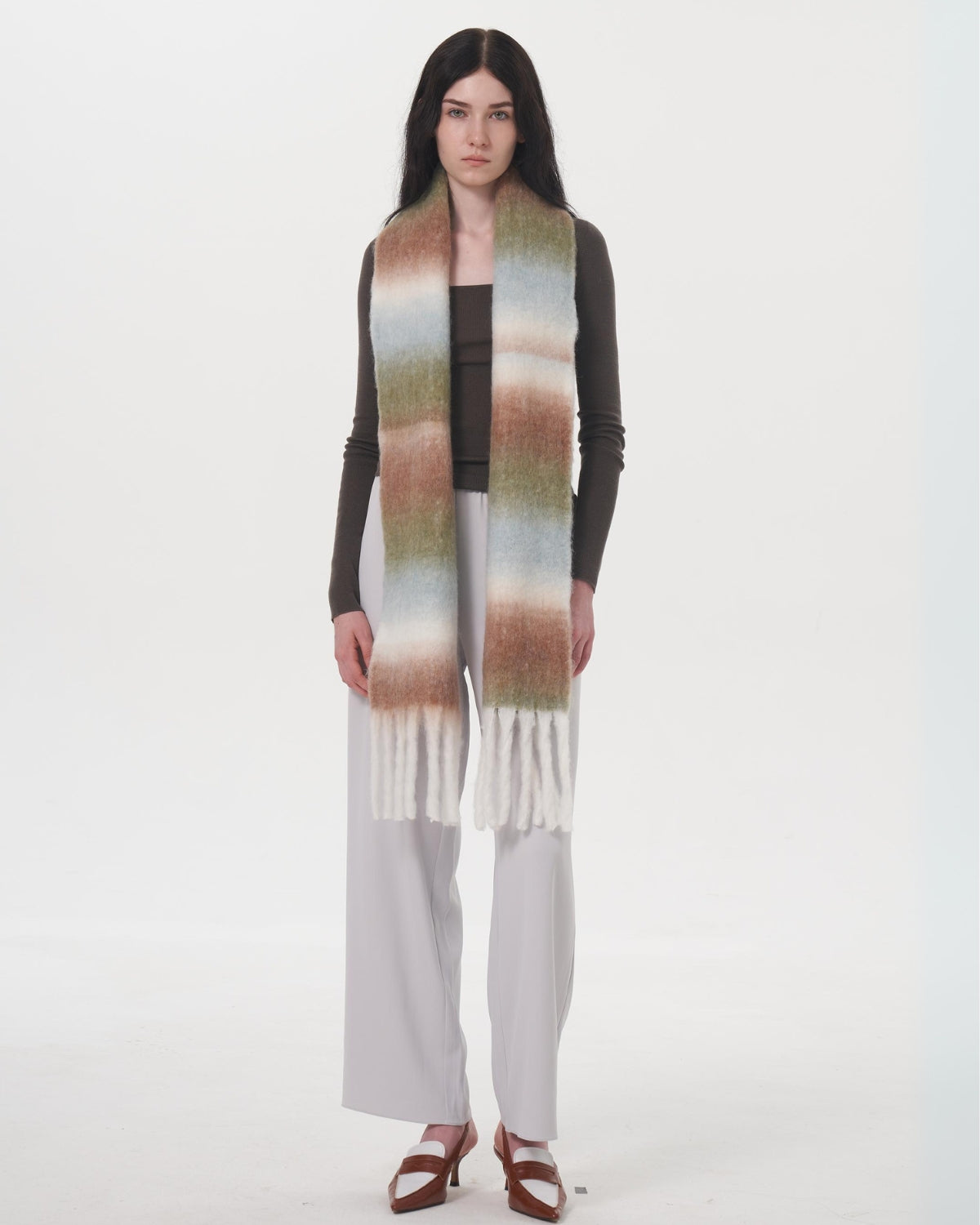 Mohair Gradient Wool Blend Tassel Blanket Scarf - Brown