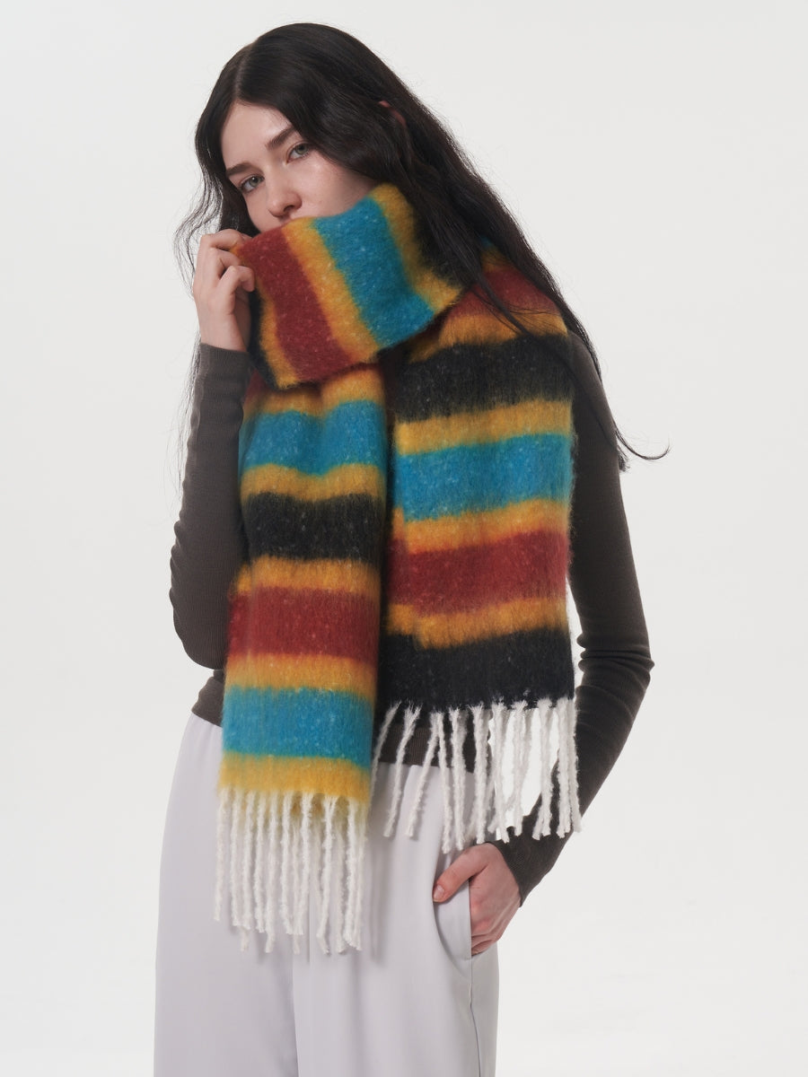 Dopamine Wool Blend Stripe Tassel Blanket Scarf - Black