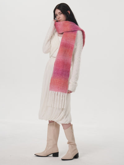 Mohair Gradient Wool Blend Tassel Blanket Scarf - Pink