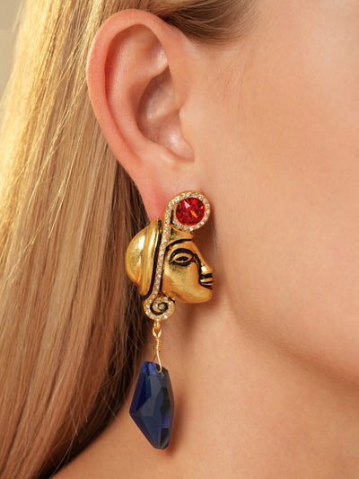 Maya Totem Avatar Gold Plated Sapphire Drop Earrings