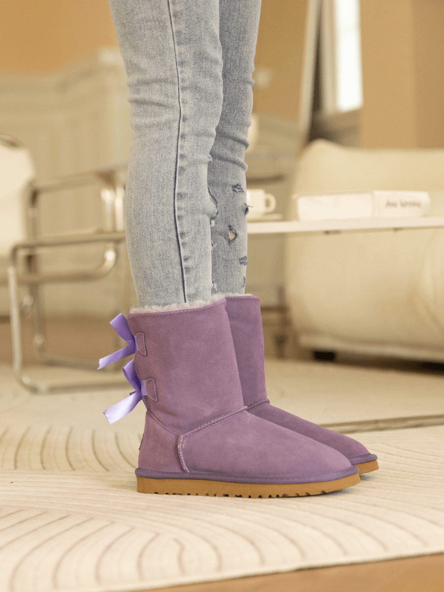 Smaibulun Ugg | Double Ballet Ribbon Bow Suede Shearling Boots - Laven ...