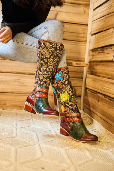 Soffia | Falling Petals Floral Knee-High Leather Boots