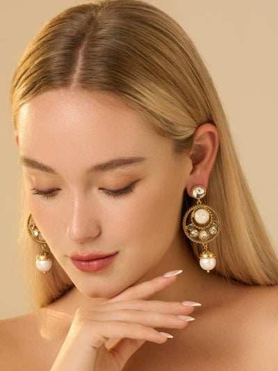 Cat's Eye Stone Gold Plated Jacket Earrings