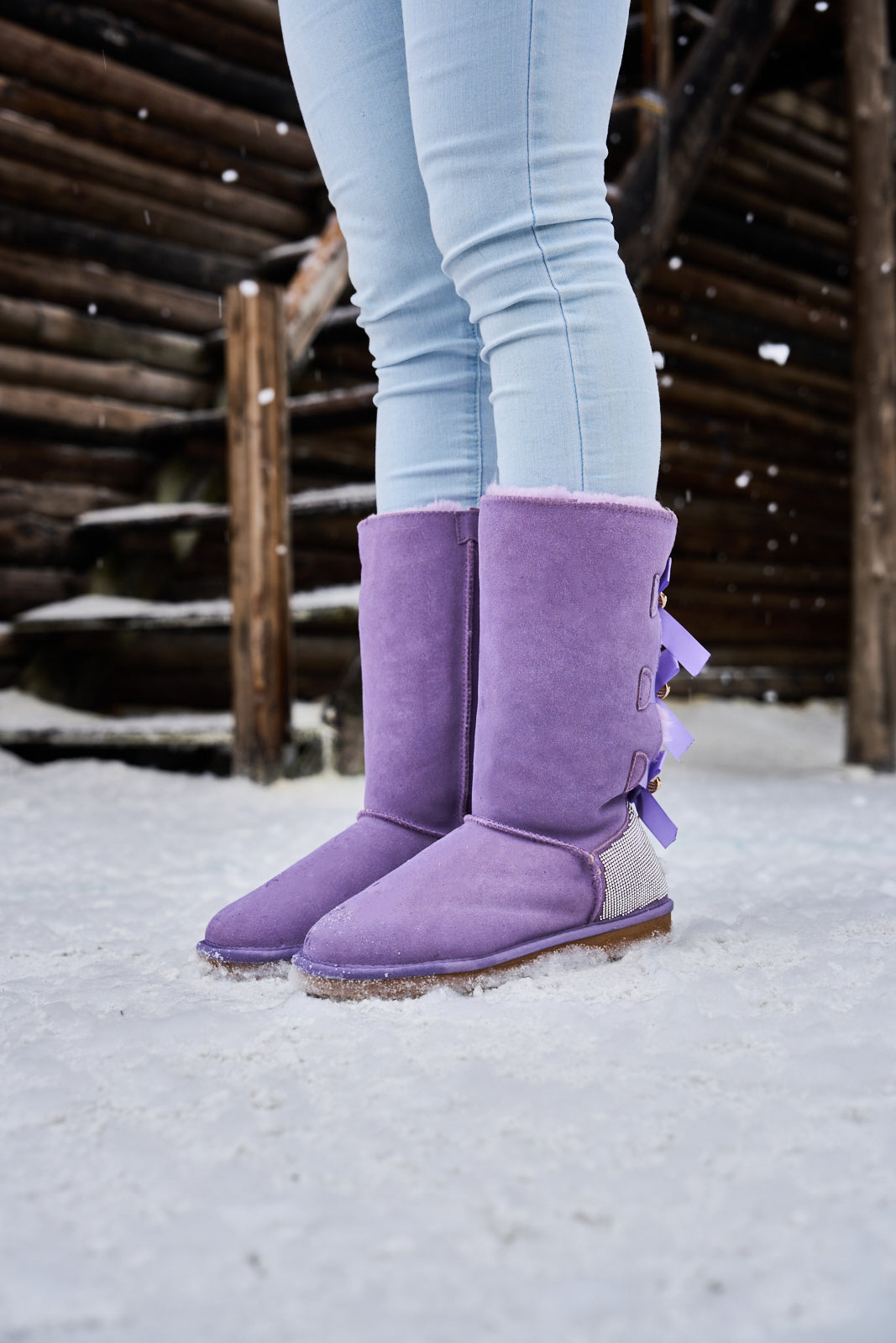 SMAIBULUN Ugg | Rhinestone Ribbon Tri-Tie Bow Suede Boots - lavender