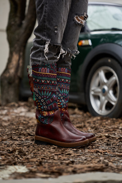 Soffia | Folks Ethnic Embroidery Leather Knee-High Boots