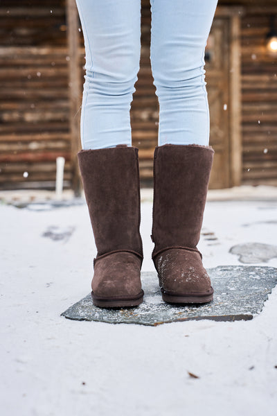 SMAIBULUN Ugg | Rhinestone Ribbon Tri-Tie Bow Suede Boots - brown