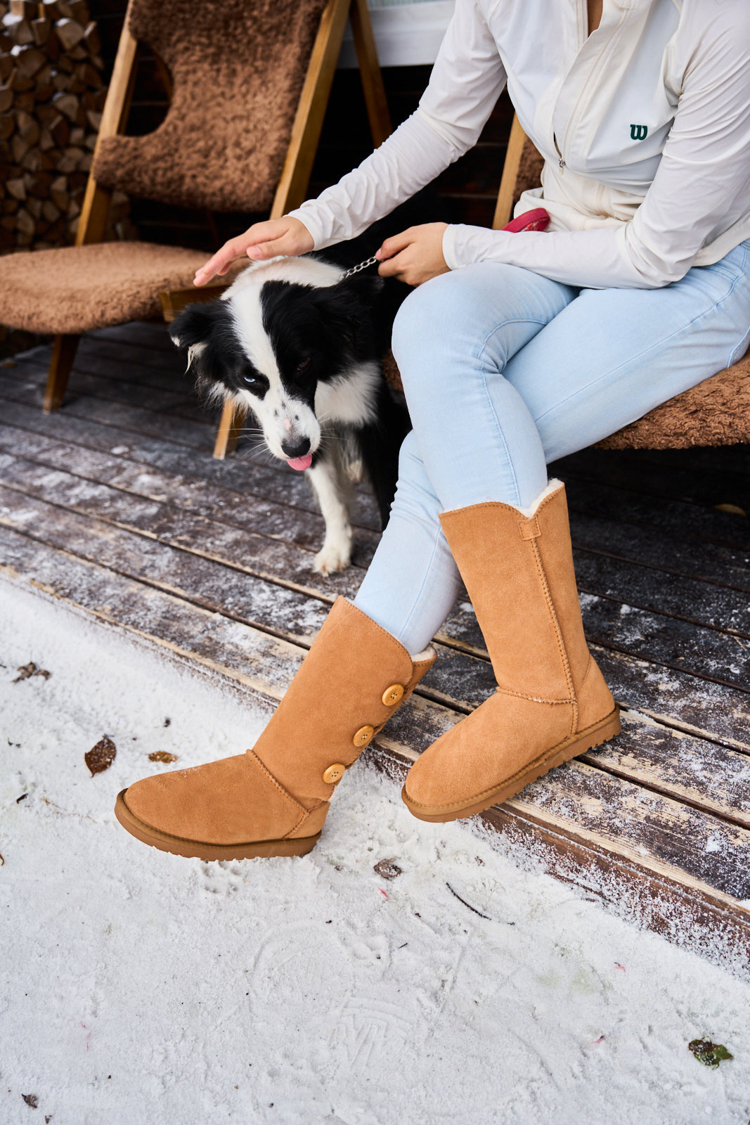 SMAIBULUN Ugg | Side Button Faux Fur-Lined Leather Suede Boots - chestnut