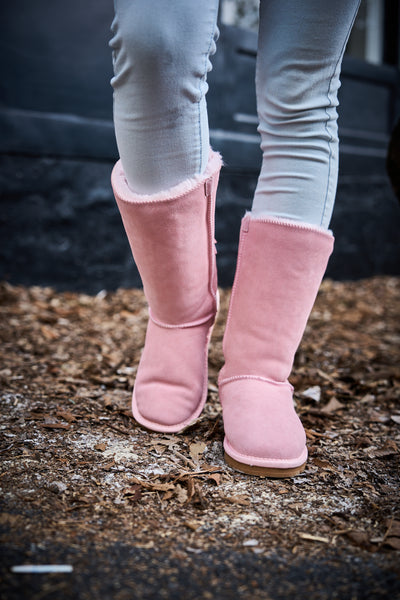 SMAIBULUN Ugg | Rhinestone Ribbon Tri-Tie Bow Suede Boots - Pink