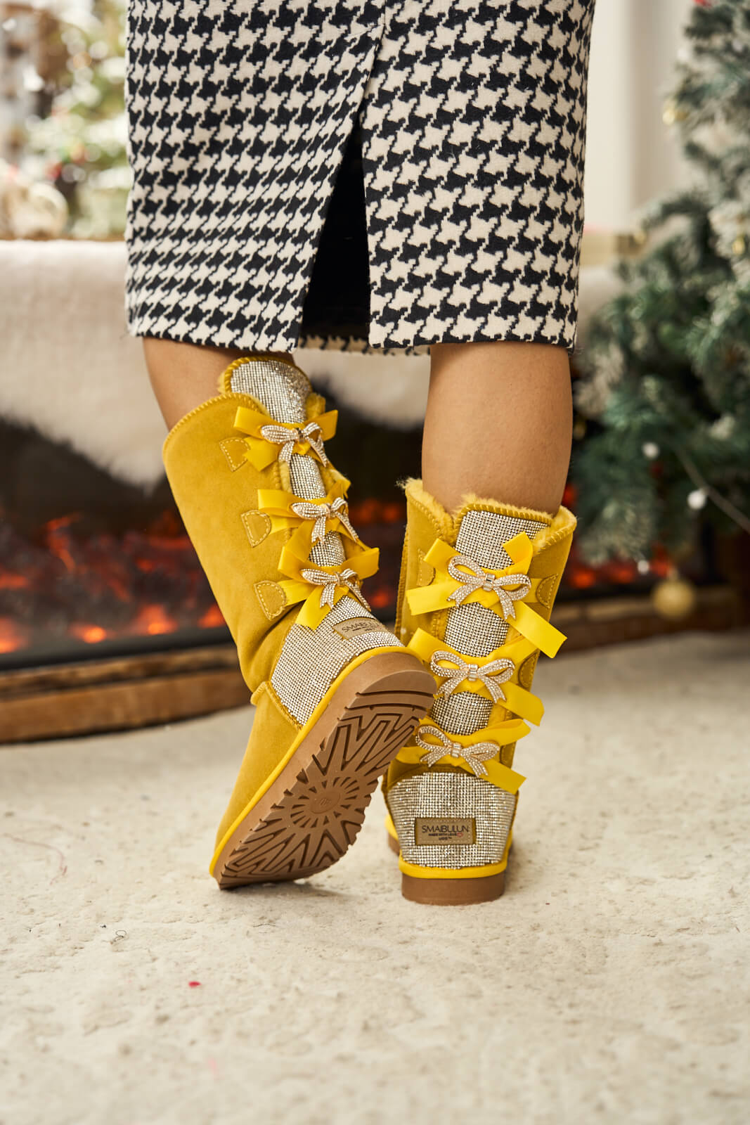 SMAIBULUN Ugg | Rhinestone Ribbon Tri-Tie Bow Suede Boots - lemon