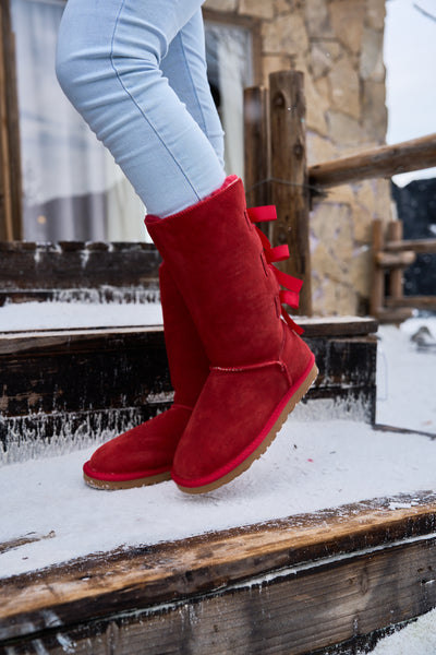 SMAIBULUN Ugg | Tri Ribbon Bow Suede Boots - Red