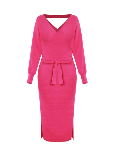 Lorene Tie Waist Midi Sweater Dress - Pink