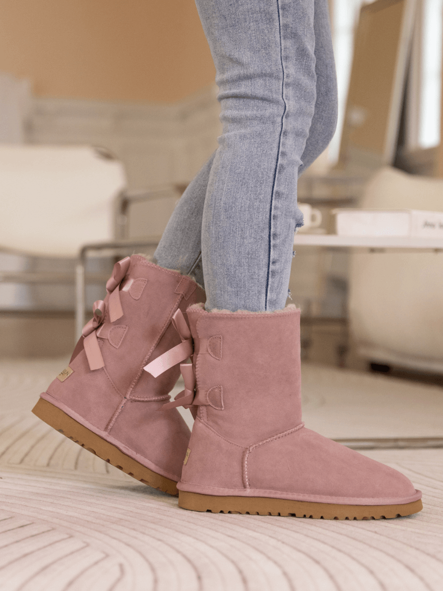 Smaibulun Ugg | Double Ballet Ribbon Bow Suede Shearling Boots - Taro ...