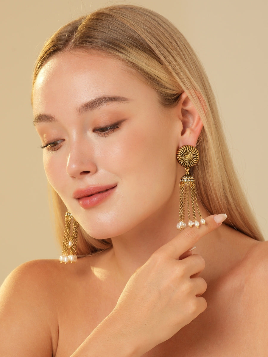 Golden Gatherings Tassel Chain Pearl Earrings