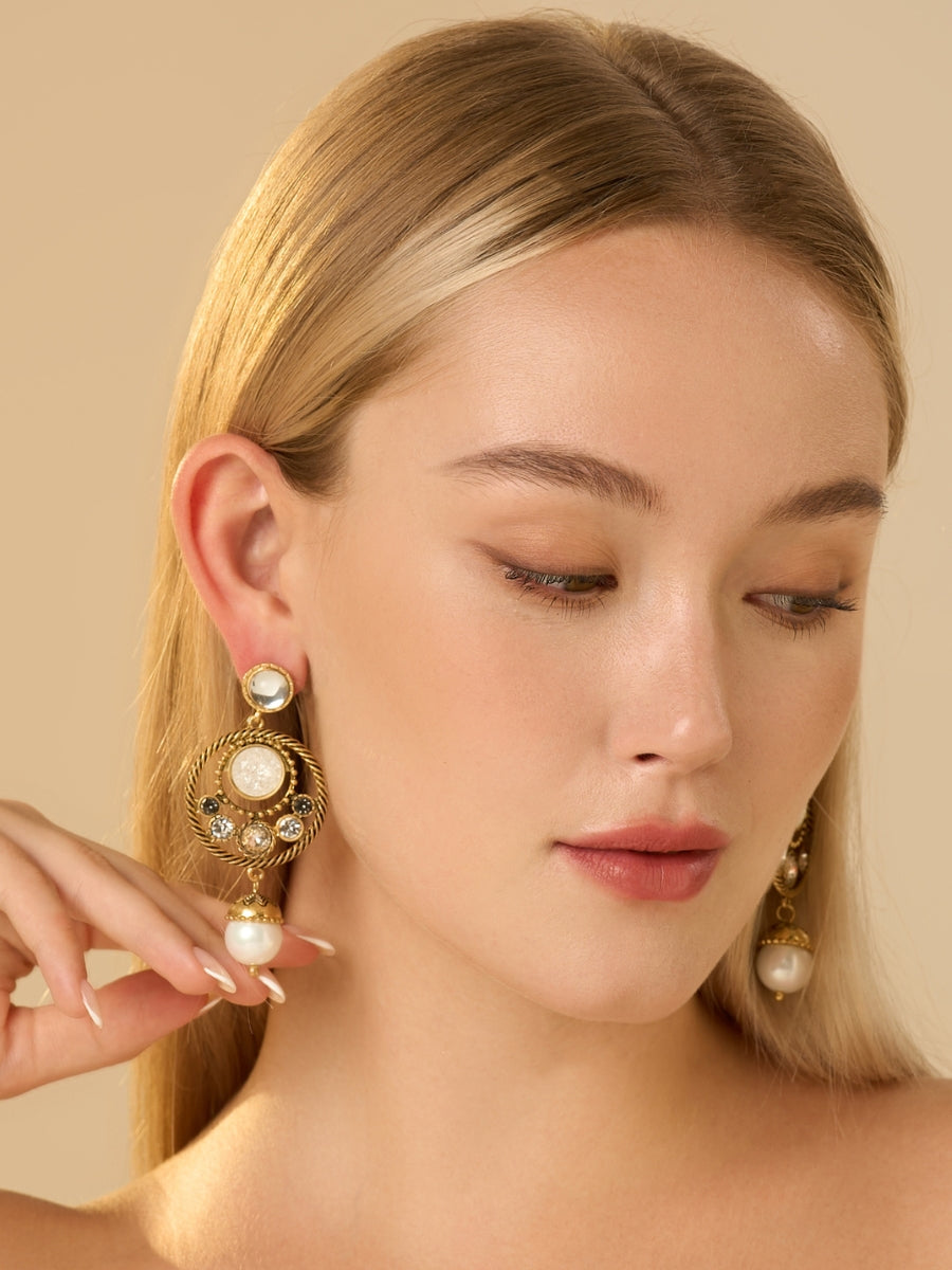 Cat's Eye Stone Gold Plated Jacket Earrings