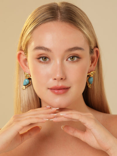 Pecker Chalchite Gold Plated Stud Earrings