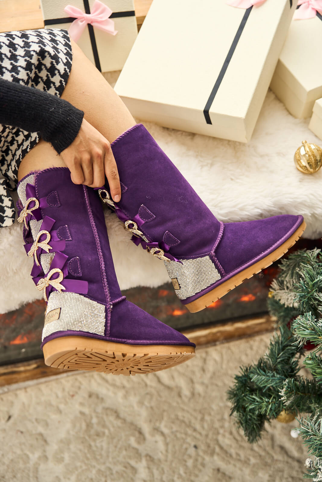 SMAIBULUN Ugg | Rhinestone Ribbon Tri-Tie Bow Suede Boots - violet