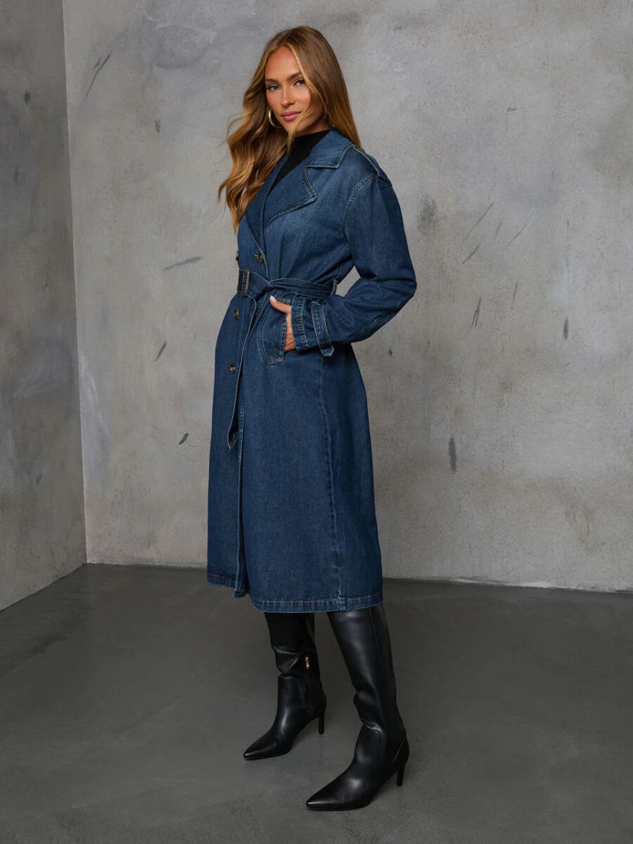 Town Stroll Double Breasted Denim Trench Coat