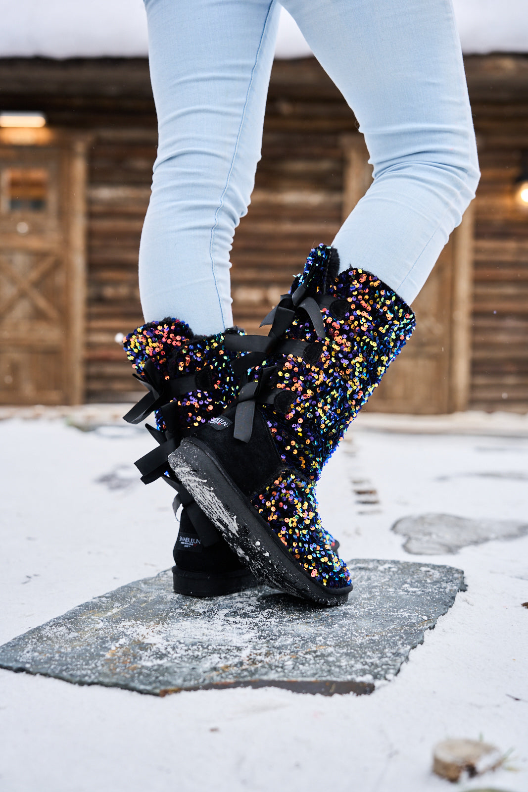 SMAIBULUN Ugg | Rhinestone Ribbon Tri-Tie Bow Suede Boots - Multi