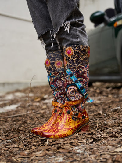 Soffia | Rheana Paisley Floral Jacquard Leather Knee-High Boots