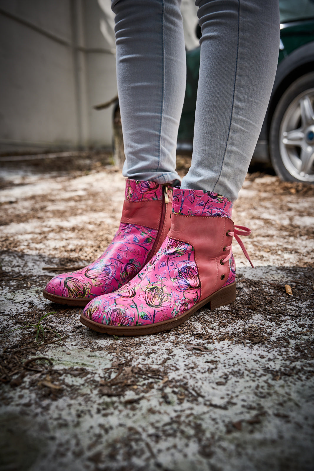 Soffia | Autumn Fields Floral Leather Ankle Booties - Pink