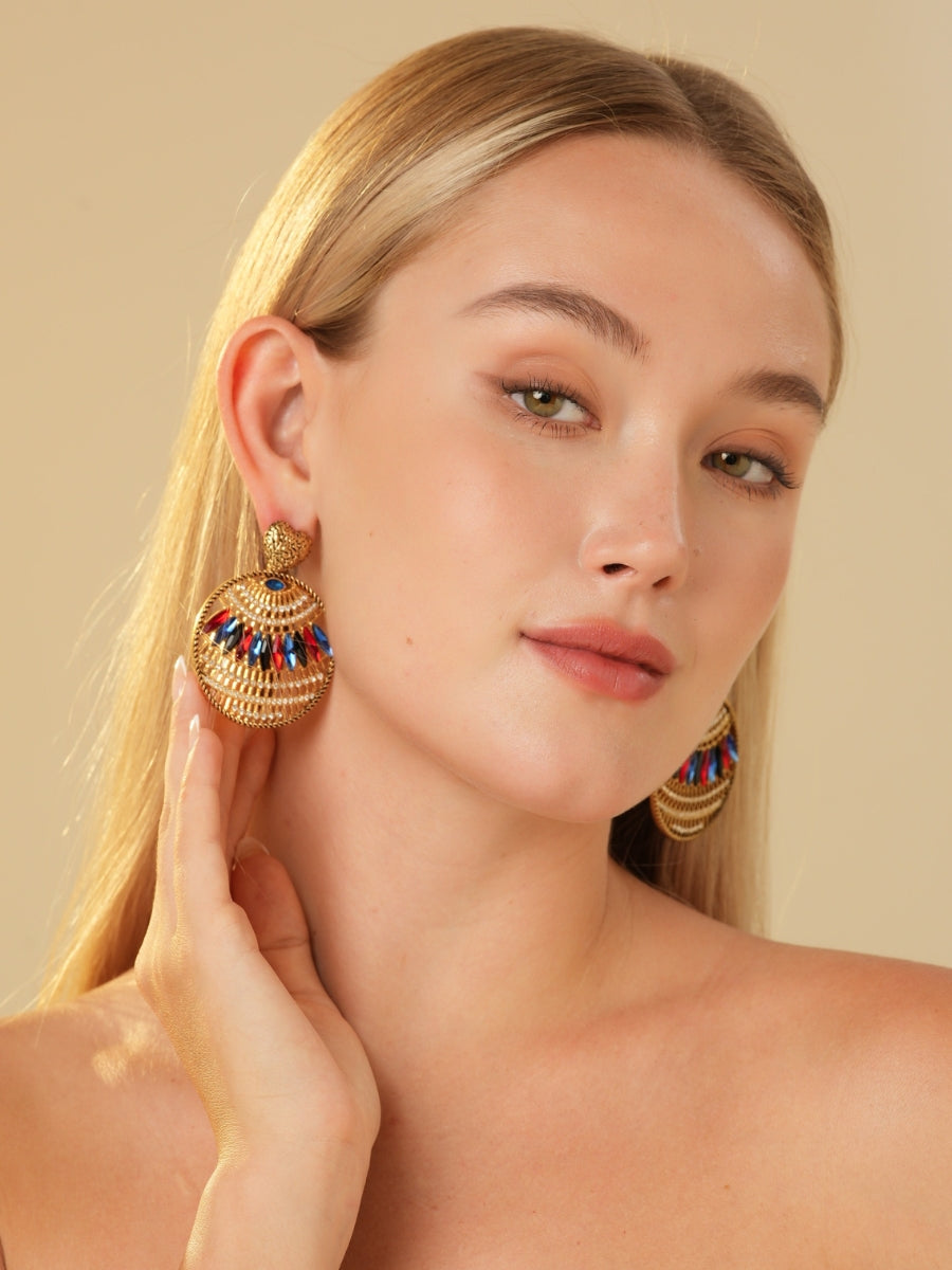 Bohemia Relief Gold Plated Rhinestone Hoop Earrings