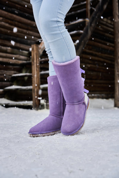 SMAIBULUN Ugg | Rhinestone Ribbon Tri-Tie Bow Suede Boots - lavender