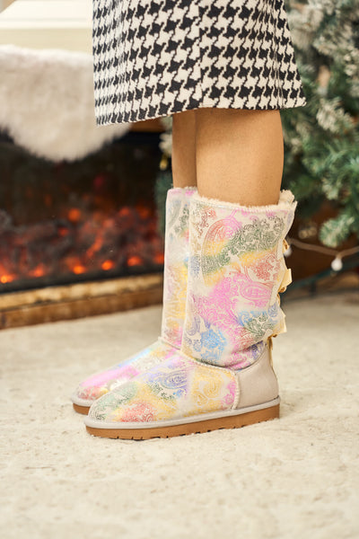 SMAIBULUN Ugg | Rhinestone Ribbon Tri-Tie Bow Suede Boots - multi