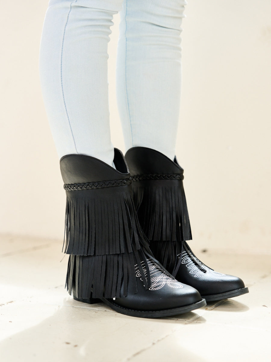 En Bloom | Jelena Fringe Western Cowboy Boots - Black