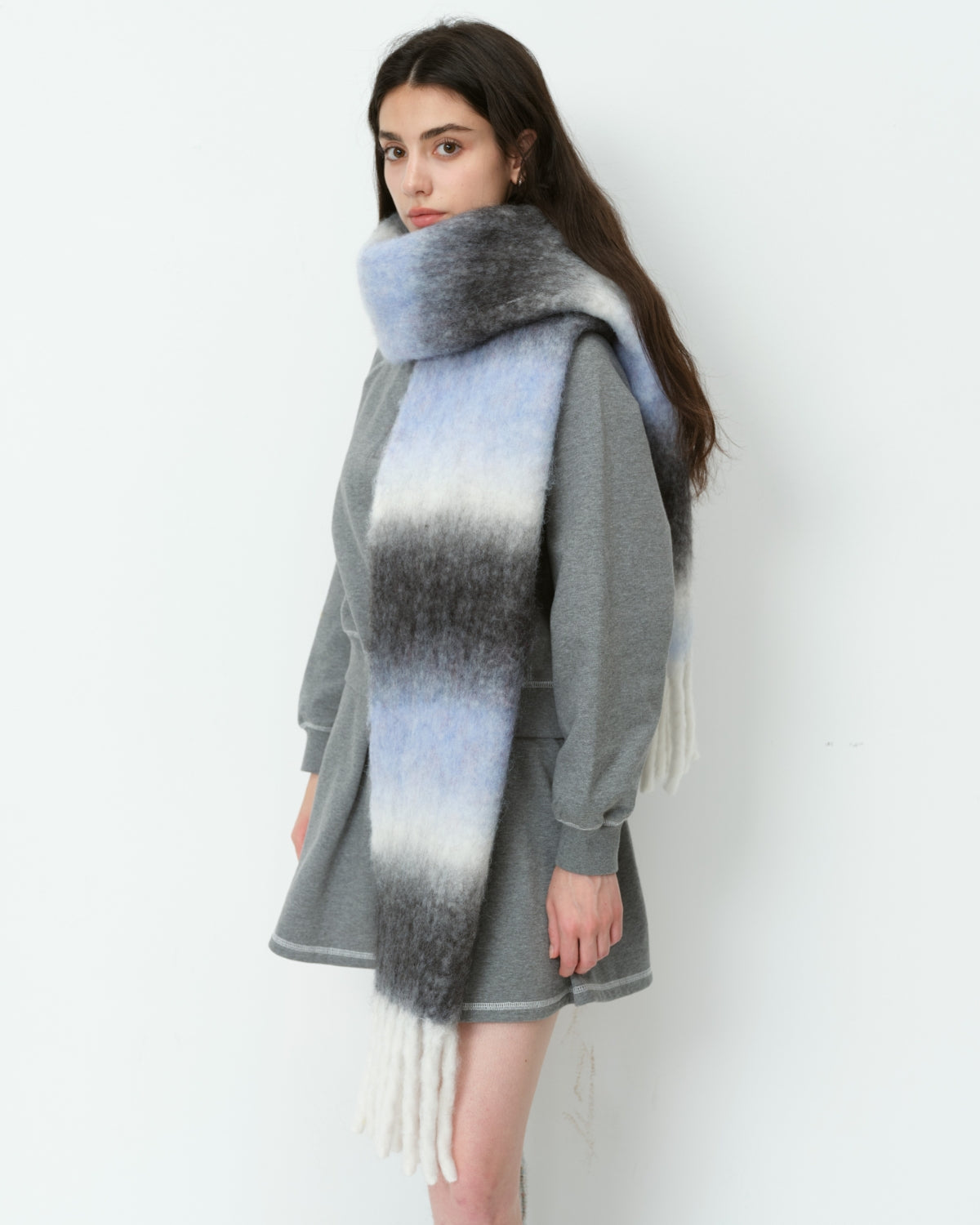 Mohair Gradient Wool Blend Tassel Blanket Scarf - Grey