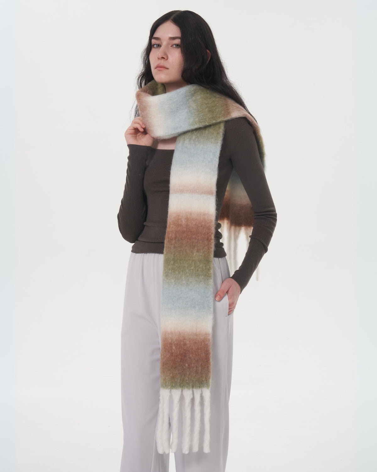 Mohair Gradient Wool Blend Tassel Blanket Scarf - Brown