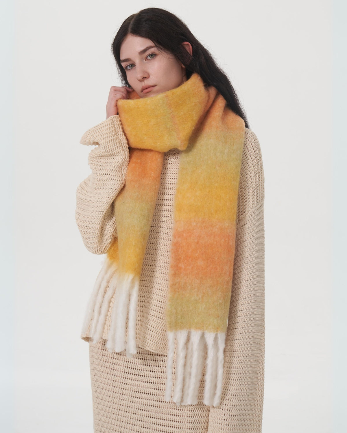 Mohair Gradient Wool Blend Tassel Blanket Scarf - Yellow