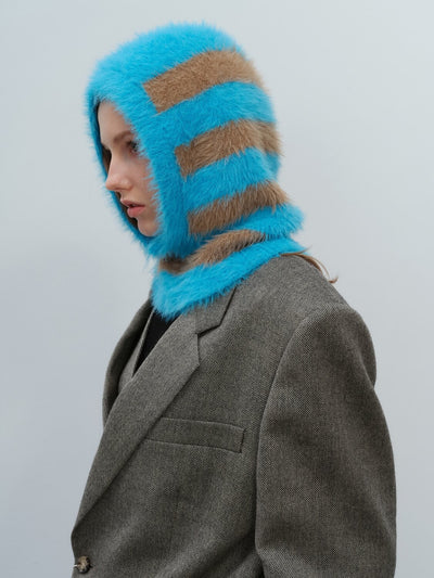 French Style Faux Mink Fur Balaclava Knit Hat - blue