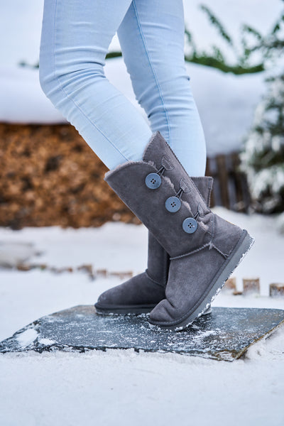 SMAIBULUN Ugg | Side Button Faux Fur-Lined Leather Suede Boots - grey