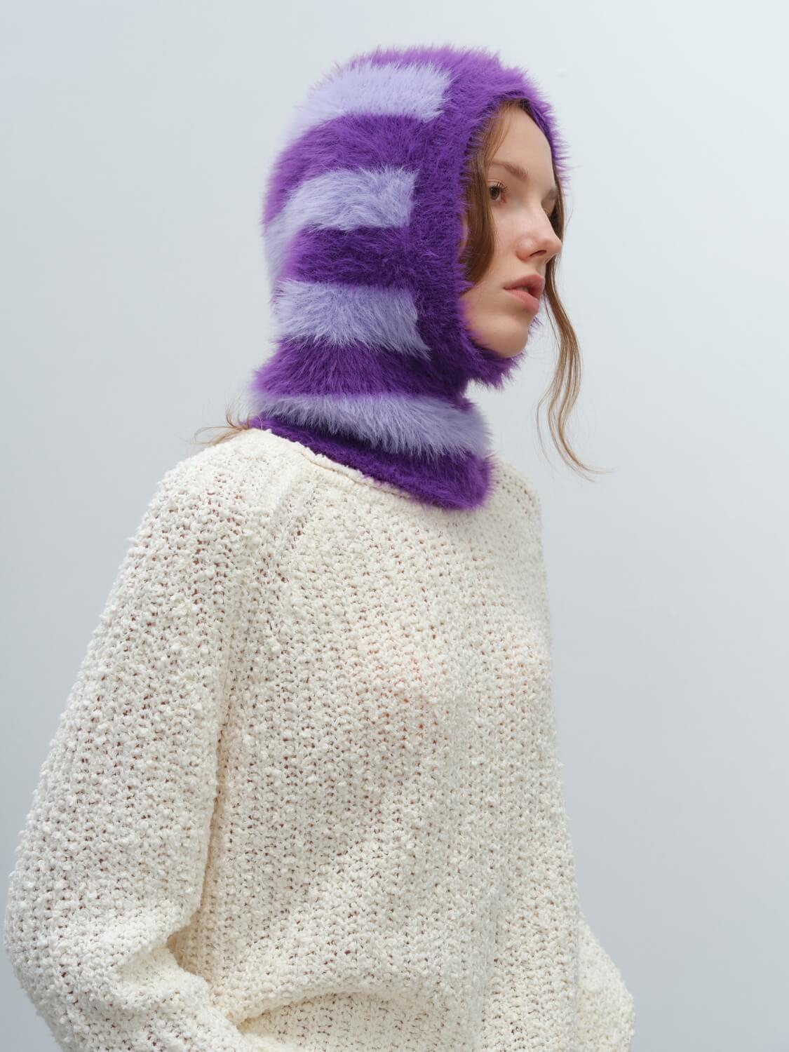 French Style Faux Mink Fur Balaclava Knit Hat - purple