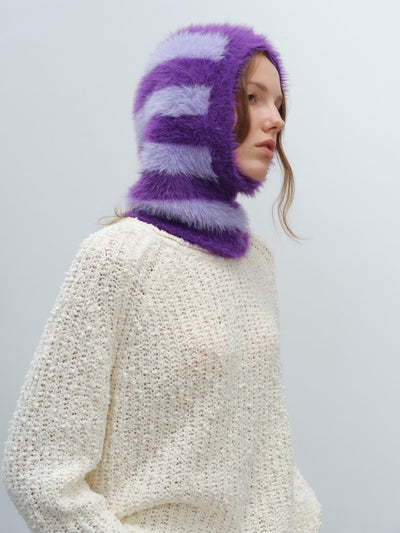 French Style Faux Mink Fur Balaclava Knit Hat - purple