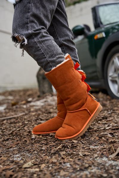 SMAIBULUN Ugg | Tri Ribbon Bow Suede Boots - Orange