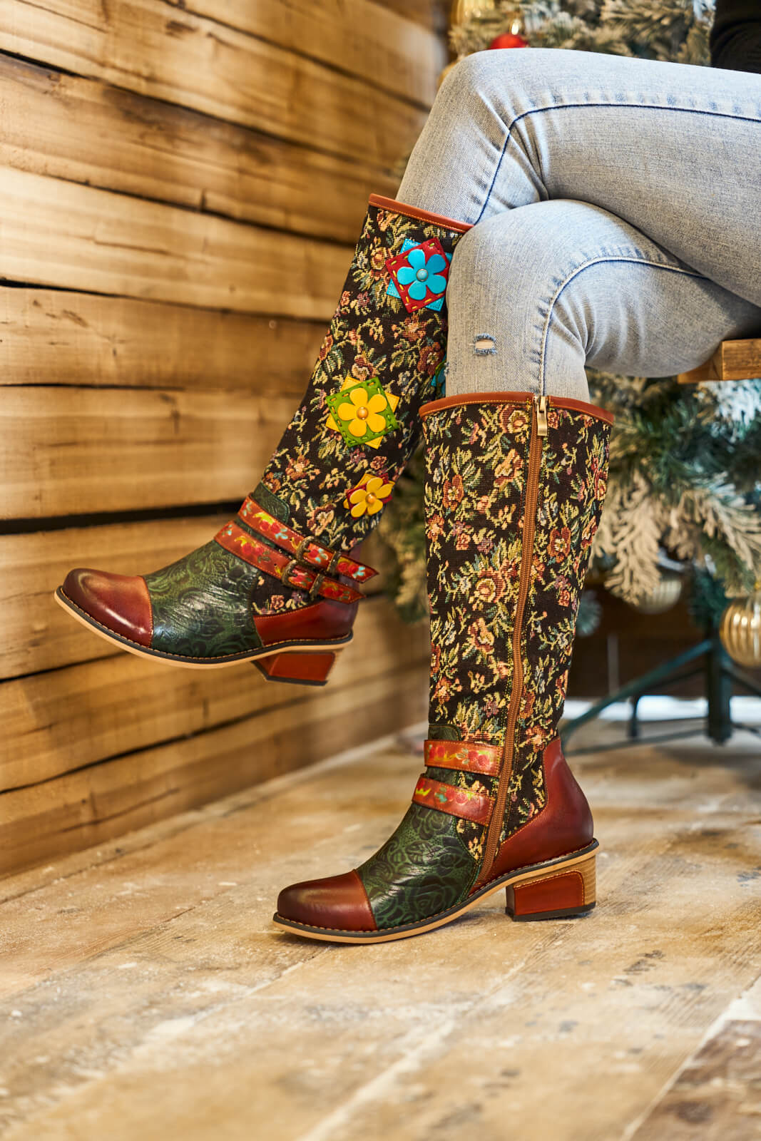 Soffia | Falling Petals Floral Knee-High Leather Boots